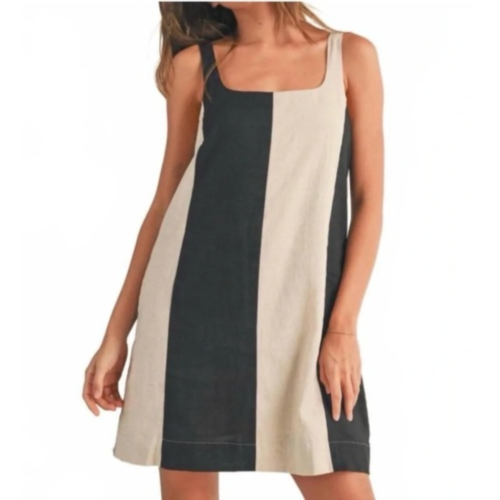 Miou Muse 100% Linen Striped Mini Dress Black Beige Sleeveless Shift Small
